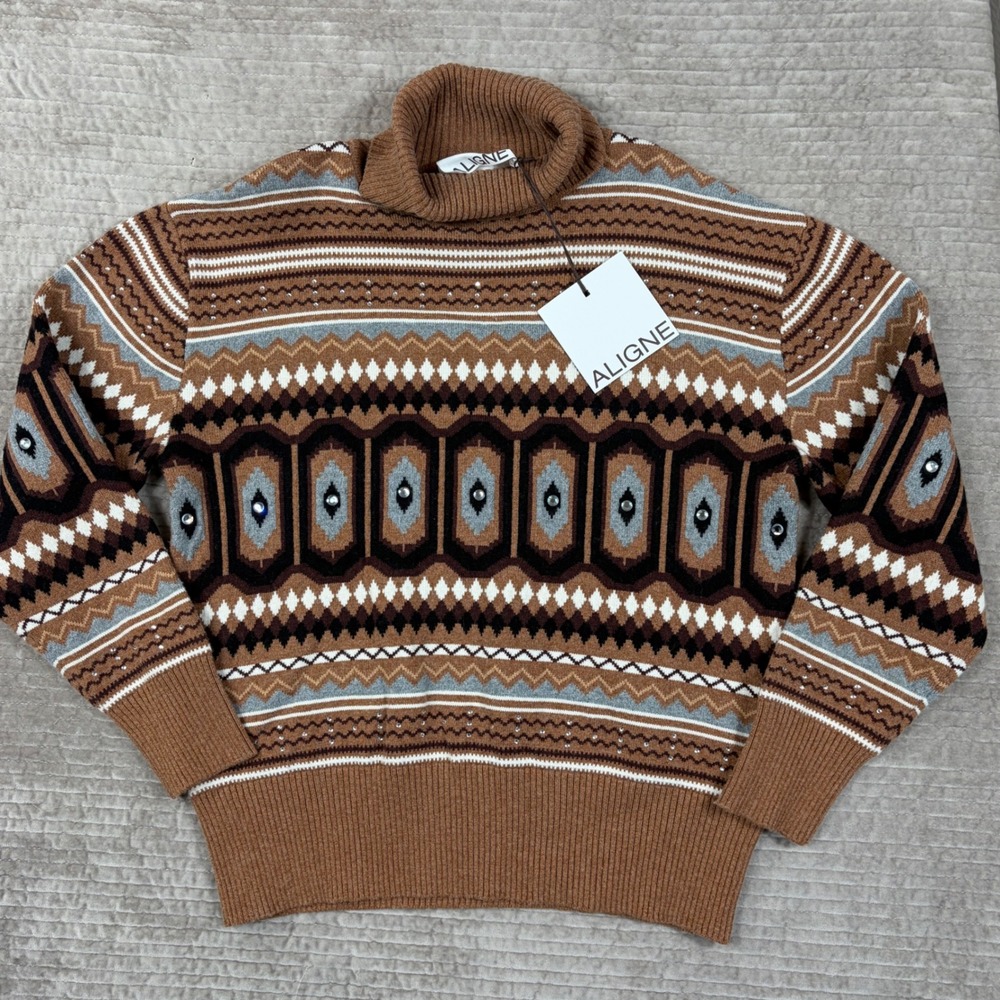 ALIGNE Christine Brown Fair Isle Rhinestone Turtleneck Sweater A0001364 Mens M